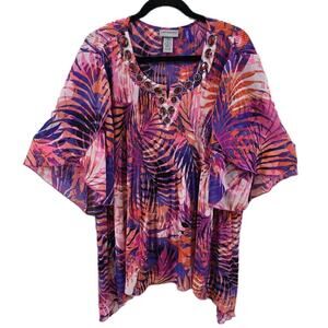 Catherines Womens Blouse Top Size 2XP Sheer Flutter Sleeve Tropical Print Beaded